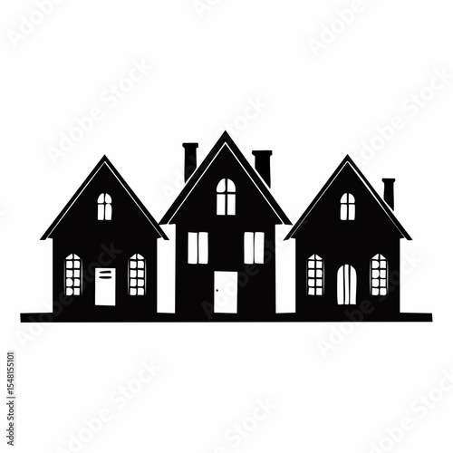 Three Black Silhouettes of Houses in a Row