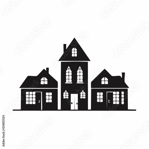 Three Silhouetted Houses Black and White Illustration