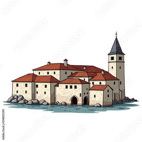 Stylized Illustration of a Coastal European Village with Red Tile Roofs and a Church Tower