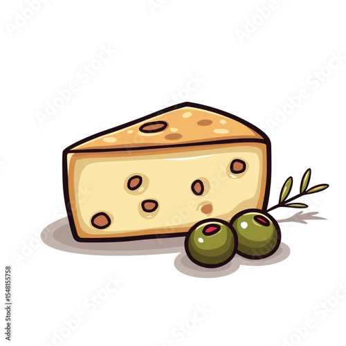 Illustration of a Piece of Cheese with Holes and Green Olives on a White Background