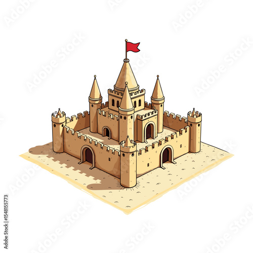 Isometric Illustration of a Sandcastle with Red Flag on Top, Perfect for Summer Vacation Designs and Beach Themed Graphics