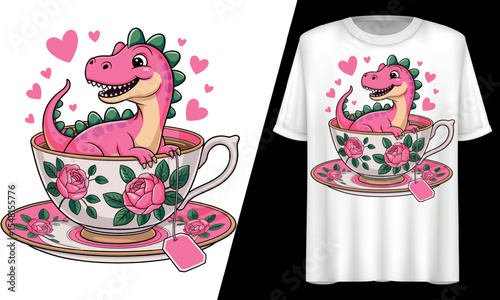 Cute Pink Dinosaur in Floral Teacup, T-Shirt Design.