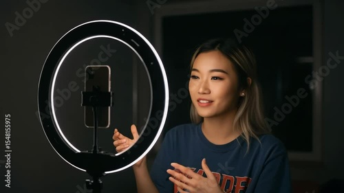 Happy asian woman recording video for social media using ring light and smartphone.