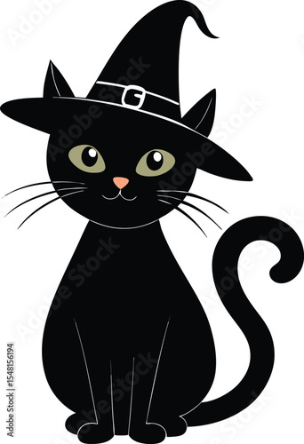 halloween cat, black cat with witch hat silhouette vector icon isolated illustration design