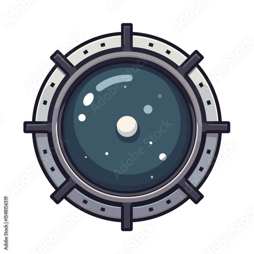 Illustration of a Round Porthole Window with a Dark Blue View Resembling Space and Stars