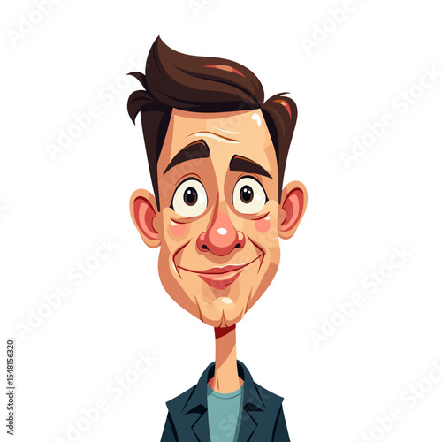 Cartoon Portrait of a Smiling Man with Brown Hair and a Blue Jacket on a White Background