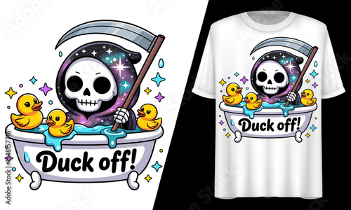 Grim Reaper in Bath ,Duck Off, T-Shirt Design.
