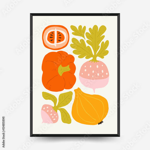 Abstract fruits and vegetables posters template. Modern trendy minimalist. Healthy Food. Hand drawn design for wallpaper, wall decor, print, postcard, cover, template, banner.