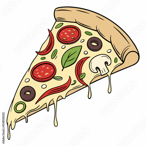 Hot pepperoni pizza slice vector, gooey cheese, golden crust, sketchy style, bold color, tasty look.