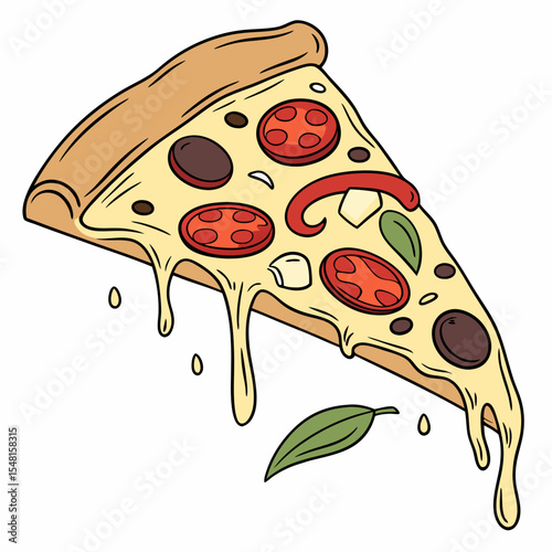 Vector slice of pepperoni pizza, melted cheese dripping, crunchy crust, hand-drawn lines, and rich colors.