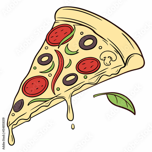 Hand-drawn vector pizza slice with bubbling cheese, flavorful pepperoni, crispy crust, warm tones, and texture.