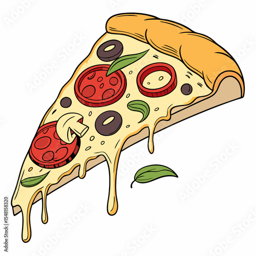 Tasty pepperoni pizza slice in vector art, melted cheese, golden crust, and detailed hand-drawn lines.