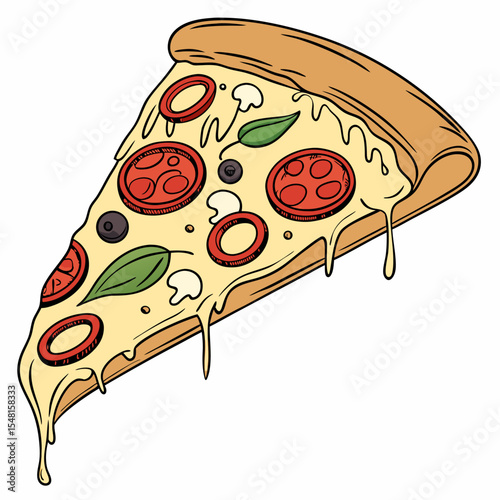 Vector illustration of pepperoni pizza slice, melted cheese, textured crust, warm colors, and sketchy hand-drawn style.