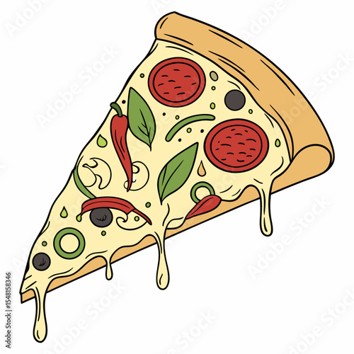 Hand-drawn vector slice of pepperoni pizza with gooey cheese, crispy crust, and savory, vibrant toppings.