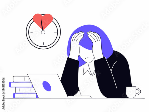 Flat illustration of a stressed woman working at laptop with heart clock symbolizing burnout and emotional