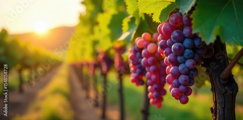 Sun-drenched rows of ripe grapes hanging heavy on the vine, ready for harvest Lush green leaves frame the perfect bunches, promising a superb vintage , vineyard scenery, winegrowing