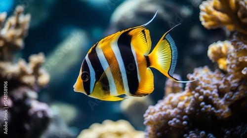 Pennant coralfish Heniochus acuminatus, also known as the reef bannerfish or coachman. Wild life animal.
