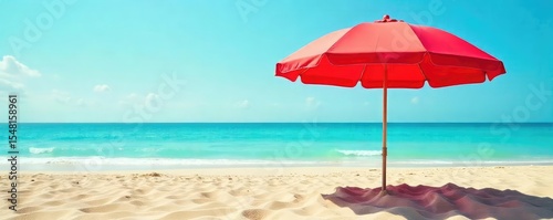 Vibrant red beach umbrella providing shade on a sunny day, casting a shadow on the golden sand Perfect for summer vacation themes, travel, and relaxation imagery , leisure, pole