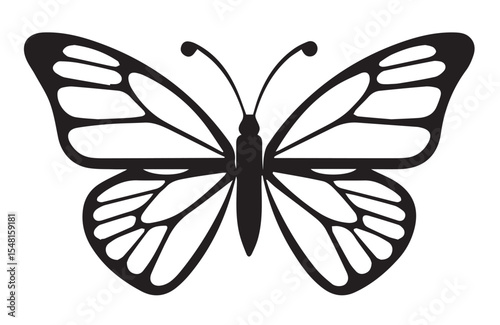 A black outline vector illustration of a butterfly with detailed wings and antennae, viewed from above, on a white background.