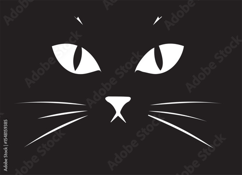 White vector illustration of a cat's face in the dark, showing glowing eyes, nose, and whiskers.