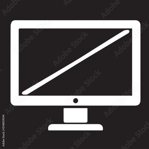 A sleek white vector icon of a computer monitor with a diagonal line, against a black background, representing technology or display.
