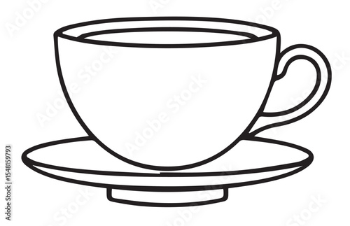 A simple black outline vector illustration of a teacup with a handle, resting on a matching saucer, on a white background.