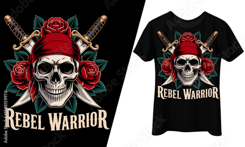 Rebel Warrior Skull with Swords and Roses, T-Shirt Design.
