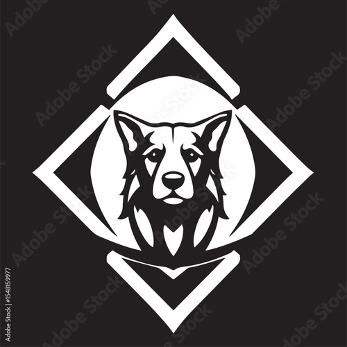 A white vector silhouette of a wolf's head, facing forward, contained within a circular emblem and framed by a diamond shape, all on a black background.