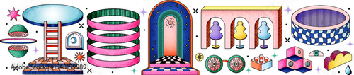 Psychedelic dimensions and abstract art. Modern linear vector illustrations of shapes, 3d objects with contours, stairs, portal, arch, eye, otherworldly objects, esoteric, abstract, surreal