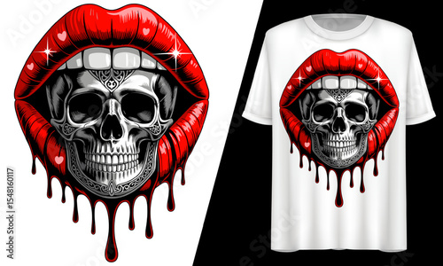 Skull with Red Lips and Blood Drip, T-Shirt Design.
