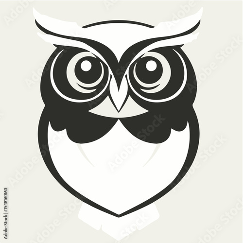 A stylized black and white vector illustration of an owl's face with large, round eyes and tufted ears, against a light background.
