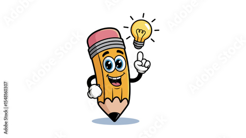 Funny cartoon pencil character with a bright idea and glowing lightbulb