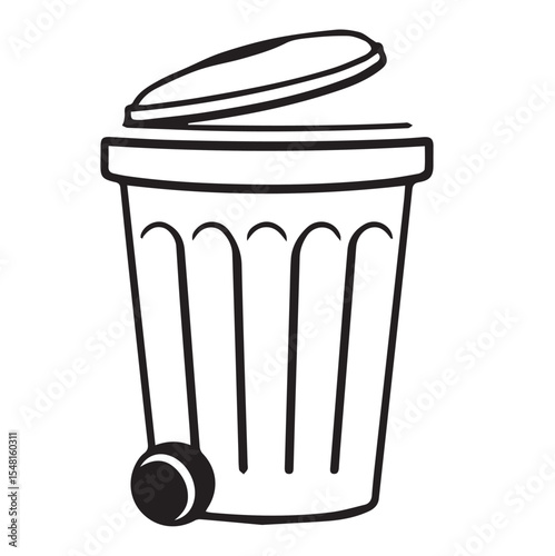 
A simple black and white vector outline of a wheeled garbage can with an open lid, symbolizing waste disposal.