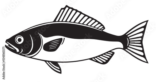 A black and white vector illustration of a fish with detailed fins and scales, swimming to the left.