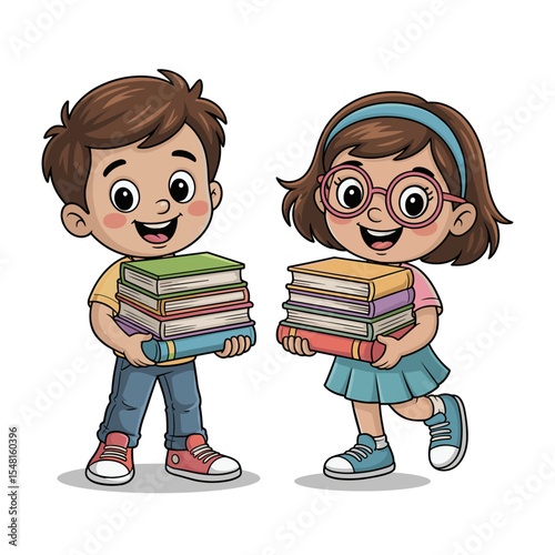 Happy cartoon boy and girl holding stack of books with smiling faces
