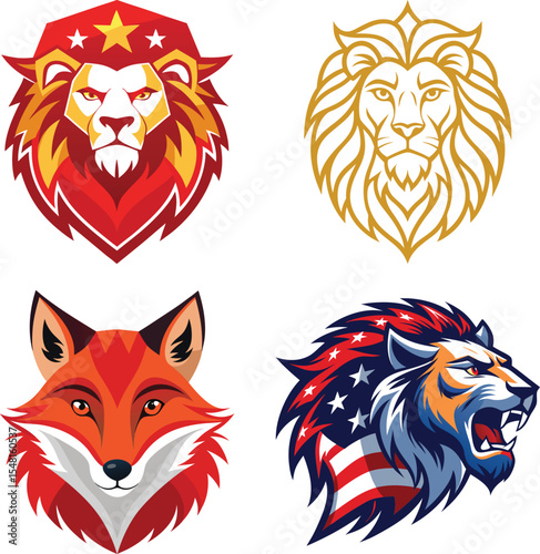 Set of Animals head and face vector tiger lion fox owl color USA UK CANADA Color on a white background