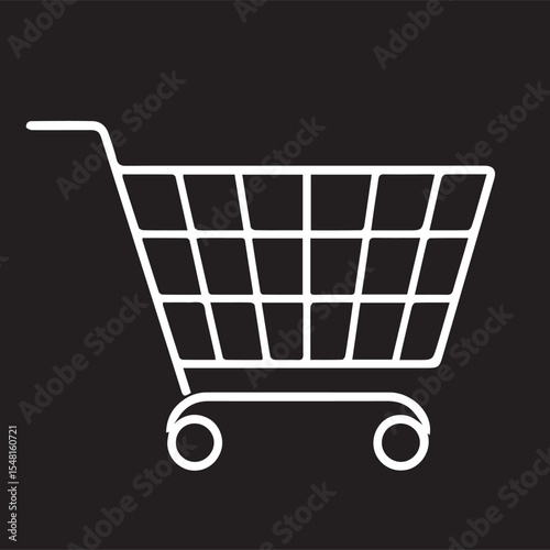 A white outline vector of a shopping cart, viewed from the side, with a handle and four wheels, set against a solid black background.