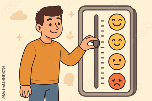 Mental health concept of a man adjusting a mood slider. Emotional regulation and self-control. Psychology illustration for choosing positive emotions, happiness, and wellbeing.