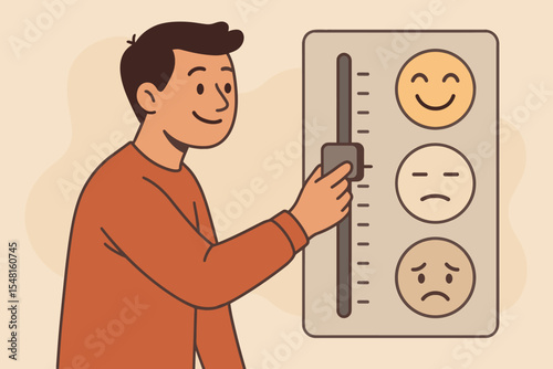 Man adjusting mood slider on control panel, a concept of emotional regulation. Mental health, psychology, and self-control. Person choosing happiness and a positive mindset.