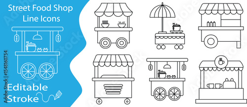 Street food vendor cart icon set in editable stroke style. Includes mobile food stalls, cookware, bowls, umbrellas, and minimal clean line design.