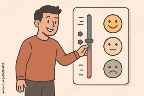 Emotional intelligence concept. Man adjusts a slider to choose a positive mood on a control panel. Regulating emotions for mental health, wellbeing, and happiness. Vector metaphor.