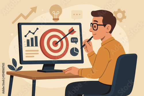 Business strategy concept. Man analyzing marketing campaign performance on computer dashboard. Data analytics with charts, graphs, target and arrow for achieving goals. Success and growth.