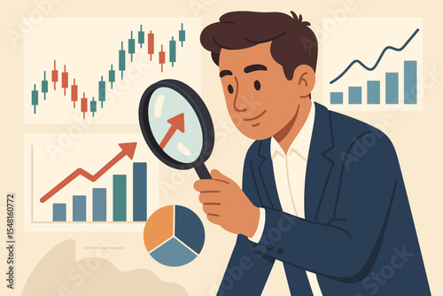 Businessman with magnifying glass analyzing financial data for investment. Financial analyst or stock broker studying market charts, graphs and statistics for business growth. Vector illustration.