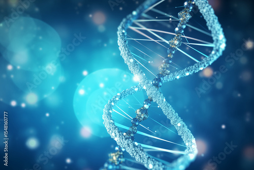 Digital 3D illustration of DNA helix with glowing blue lights