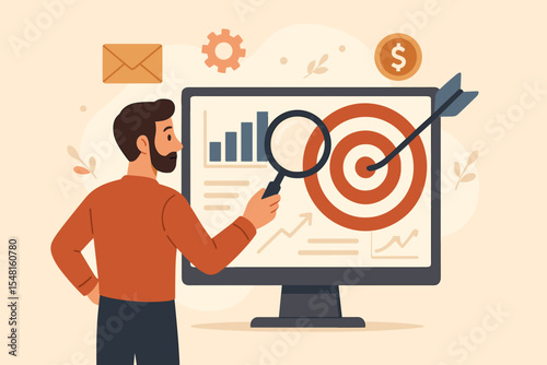 Man analyzing digital marketing strategy with a magnifying glass. Businessman looks at a data chart and target on a computer screen. Business goal, market research, SEO, ROI concept.