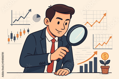 Businessman analyzing stock market investment prospects with a magnifying glass. Financial analyst examines chart and graph for business growth. Vector concept of research, profit, and ROI.
