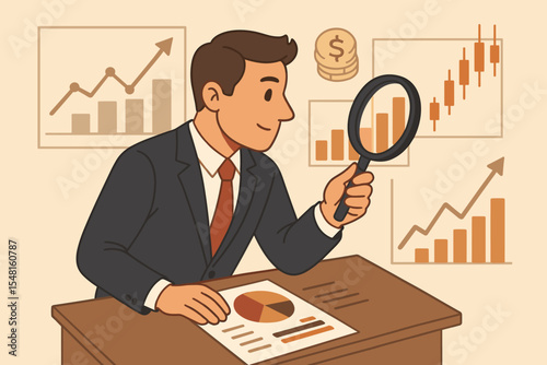 Businessman analyzing stock market data with a magnifying glass. Financial analyst examining charts, candlestick, and graphs for investment strategy. Business growth, trading success.