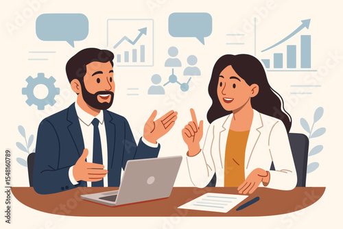 Business colleagues in a meeting planning strategy and analyzing data. Man and woman collaborating at a desk with laptop. Corporate teamwork, communication, partnership, growth concept. Vector.