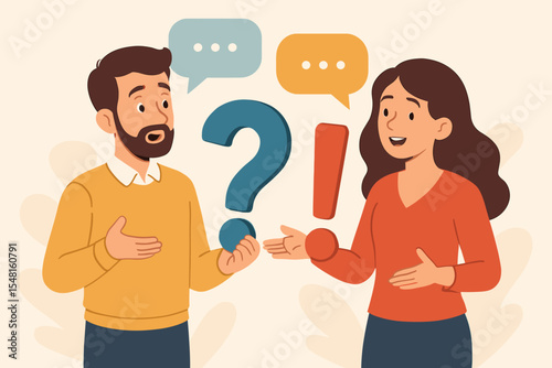 Man with a question mark asks a question, and a woman with an exclamation mark gives the answer. Concept of communication, dialogue, problem-solving, FAQ, support, and coaching.