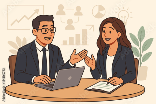 Business colleagues in a productive meeting. Man and woman discussing corporate strategy and analyzing financial data on a laptop. Teamwork, brainstorming and collaboration concept. Vector